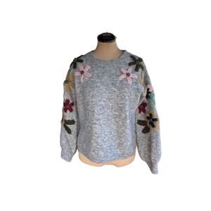 Grey Sweater Sz. M - Twee, Unique, Grannycore, Embroidery, Oversize, Beaded